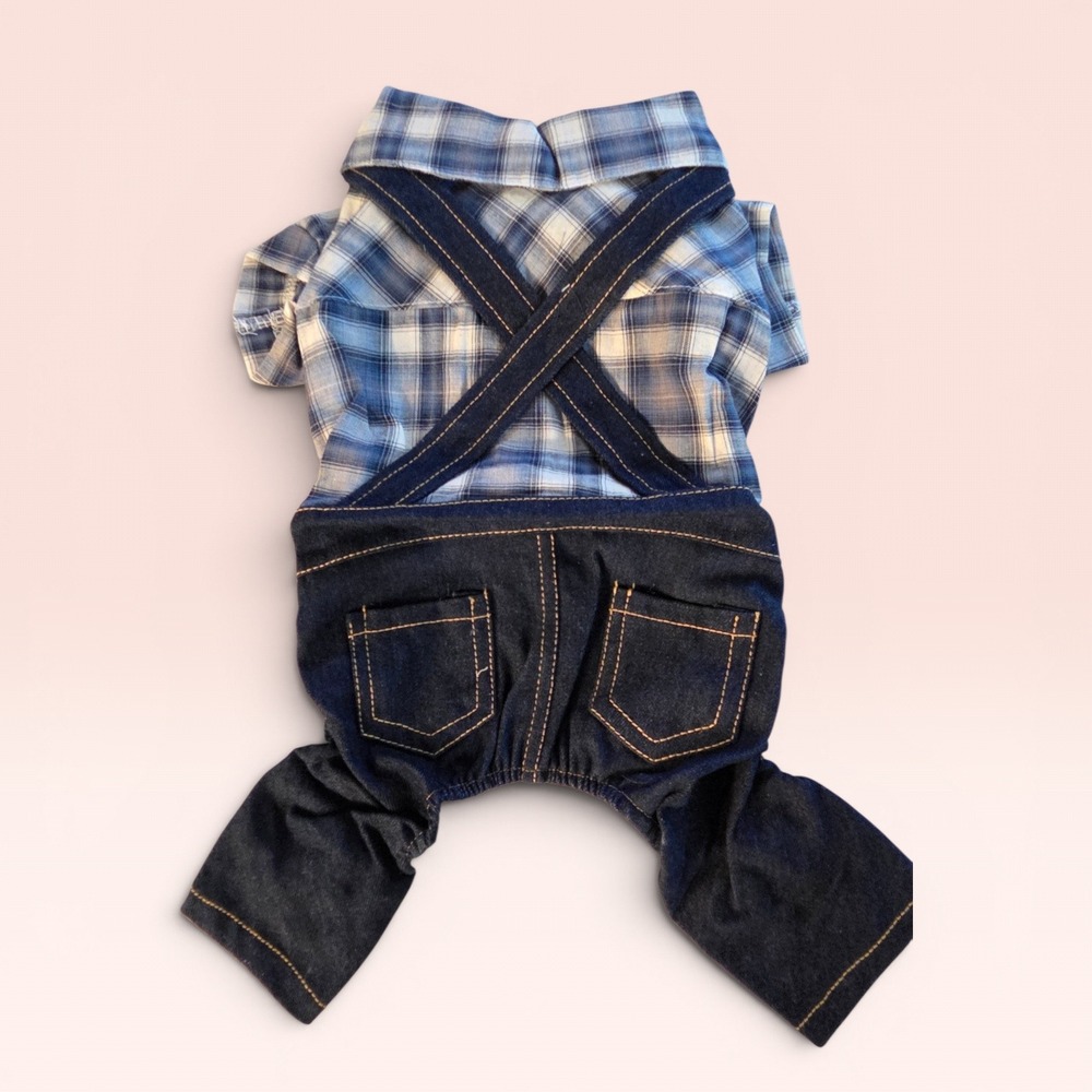 Blue Plaid Shirt and Denim Overalls One-Piece Pet Outfit Dog Clothes - Picture 2 of 4